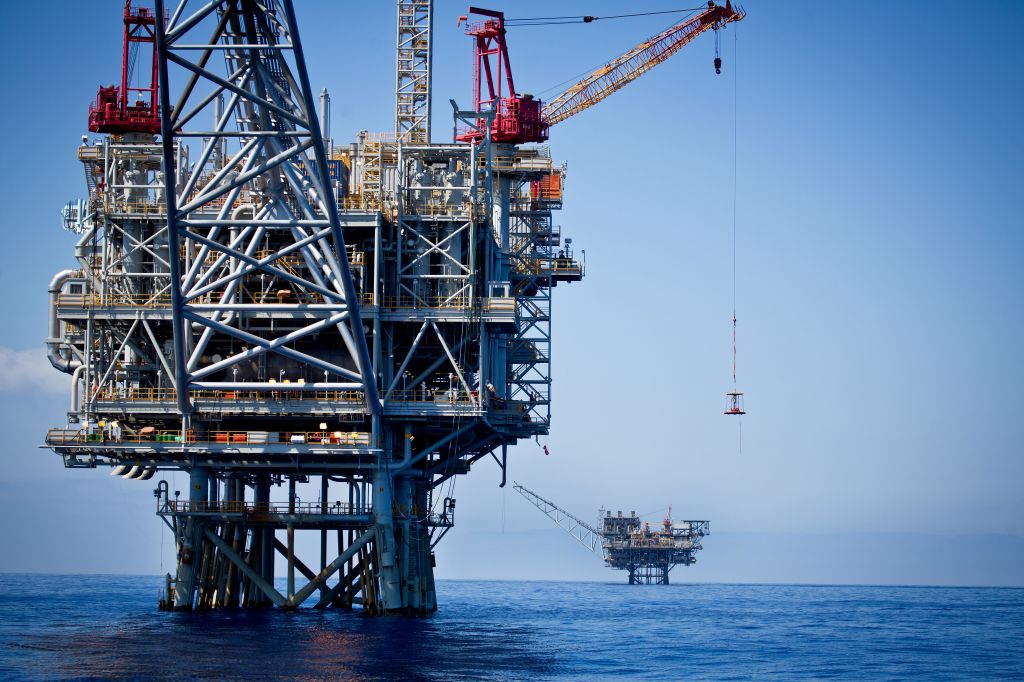 Gas rigs in the Tamar field, off the coast of Israel, in June. (photo credit: Moshe Shai/FLASH90)