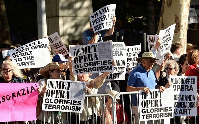 Protestors attend the arrivals at Metropolitan Opera 2014-15 Season Opening on Monday, Sept. 22, 2014, in New York. The crowd was protesting the Met's decision to premiere a controversial opera 'Death of Klinghoffer,' about the hijacking of the Italian cruise ship Achille Lauro and the murder of Jewish passenger Leon Klinghoffer. (Photo by Evan Agostini/Invision/AP)