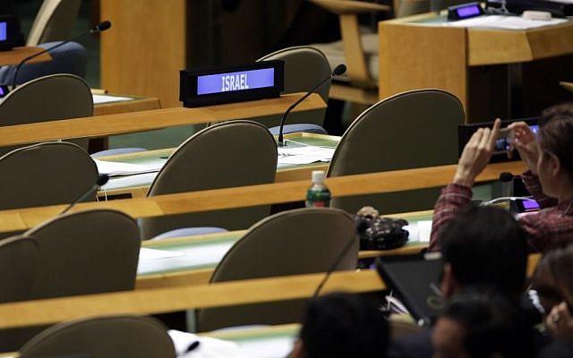 The empty seats of the Israel delegation to the UN as President Palestinian Authority Mahmoud Abbas addresses the 69th session of the United Nations General Assembly, Sept. 26, 2014. (AP/Richard Drew)
