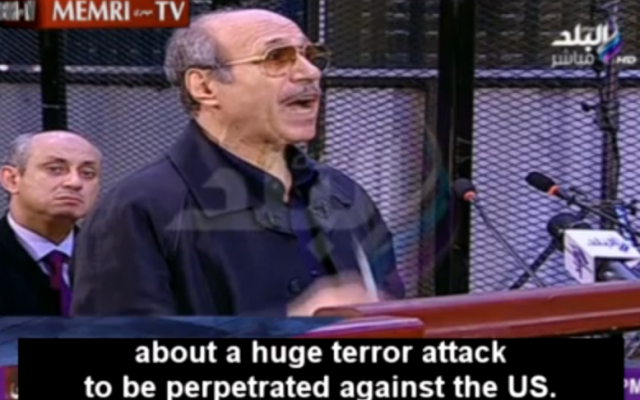Former Egyptian interior minister Habib Al-Adly, speaking about the 9/11 attacks, during his trial in Cairo in August 2014. (photo credit: screen capture)
