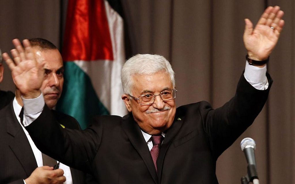 Palestinian Authority President Mahmoud Abbas after delivering a speech at Cooper Union in New York, September 22, 2014. (photo credit: AP/Jason DeCrow)