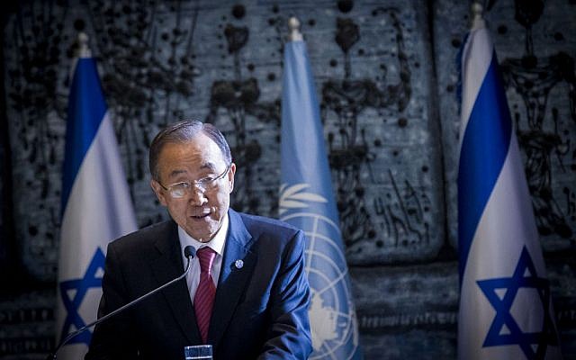 United Nations Secretary-General Ban Ki-moon attends a joint press conference with Israeli president Reuven Rivlin (not seen) at the president's residence in Jerusalem on October 13, 2014 (photo credit: Miriam Alster/Flash90)