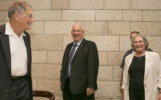 President Reuven Rivlin, center, is greeted by Prof. Yehuda Bauer (left) and Prof. Ruth Arnon. October 19, 2014. (photo credit: Michal Fattal)