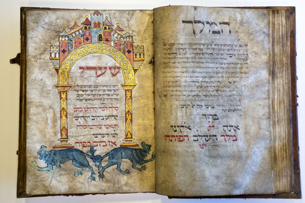 A 13th-century German prayer book containing the earliest evidence of the Yiddish language, at Israel’s National Library in Jerusalem, October 2014 (photo credit: AP Photo/Sebastian Scheiner)