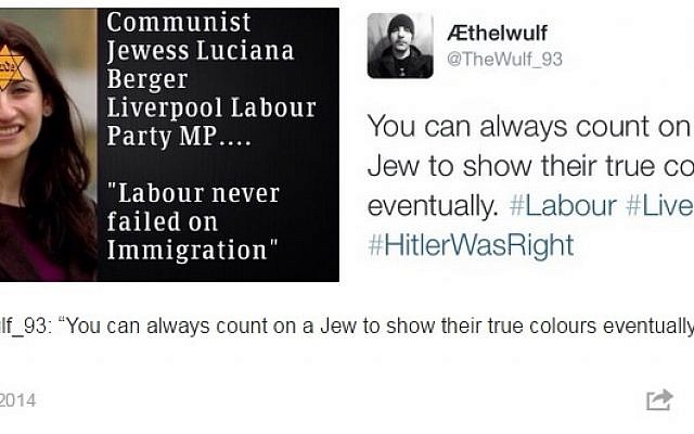 An anti-Semitic tweet at British MP Luciana Berger (photo credit: screenshot via Tumblr/Everydayantisemitism)
