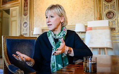 Margot Wallström, Sweden's Minister of Foreign Affairs, in her office on October 31, 2014, in Stockholm. (photo credit: AFP/Jonathan Nackstrand)
