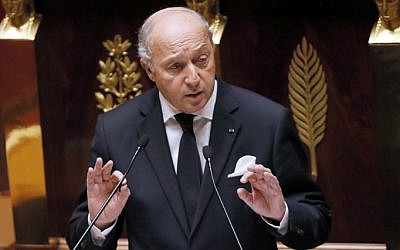 French Foreign Affairs minister Laurent Fabius at the French National Assembly in Paris, November 28, 2014 (Photo credit: Patrick Kovarick/AFP)