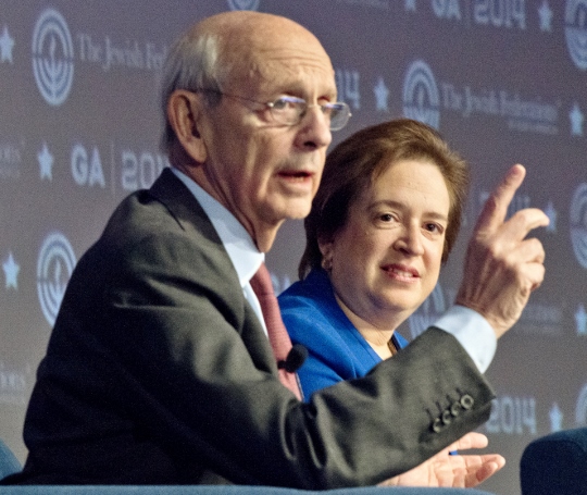 Supreme Court Justice Stephen Breyer making a point during a panel discussion also featuring Justice Elana Kagan at the 2014 General Assembly conference of the Jewish Federations of North America in suburban Washington, Nov. 9, 2014. (photo credit: JTA/Ron Sachs)