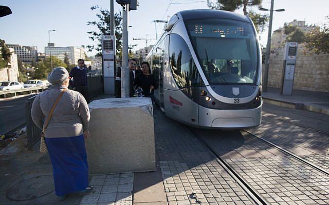 Concrete blocks were placed at light rail stations around Jerusalem to prevent terror attacks. (Yonatan Sindel/Flash90)