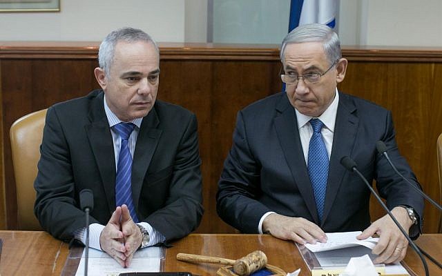 Prime Minister Benjamin Netanyahu (R) and Intelligence Minister Yuval Steinitz (L), at the weekly cabinet meeting on Sunday, November 23, 2014. (photo credit: Ohad Zwigenberg/POOL/FLASH90 )