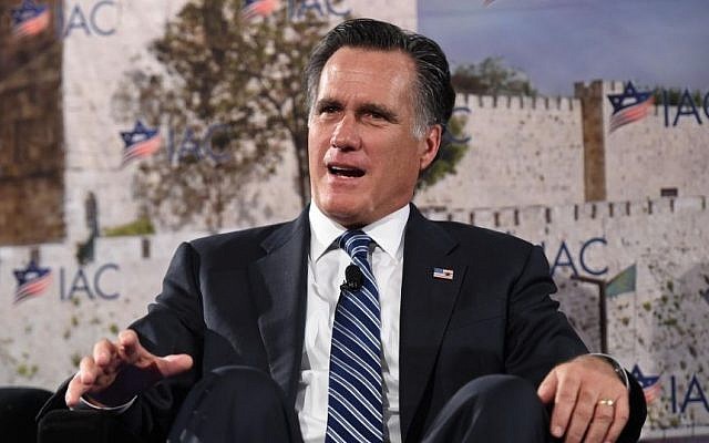 Former Republican presidential candidate Mitt Romney speaking at the Israeli-American Council on Friday, November 7, 2014. (Courtesy)