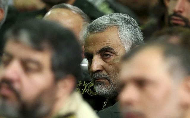 Chief of the Quds Force of Iran's Revolutionary Guards, Qassem Soleimani, attends a meeting of the commanders of the Revolutionary Guards in Tehran, Iran, September 17, 2013. (photo credit: AP/Office of the Iranian Supreme Leader, File)