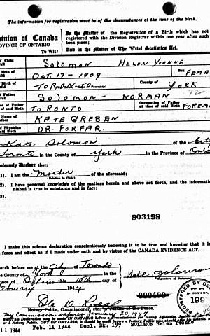 Birth certificate from 1909 for Toronto mayor-elect John Tory's maternal grandmother, Helen Solomon. (Courtesy of Bill Gladstone)