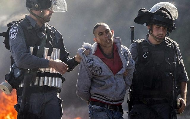 Israeli police detain an Arab rioter in Kafr Kanna, November 9, 2014. (photo credit: AFP)