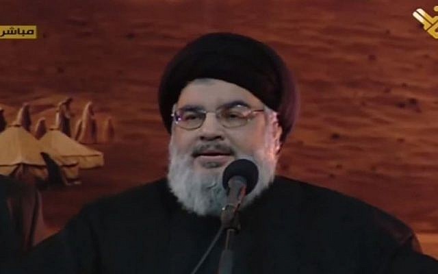 Hezbollah leader Hassan Nasrallah during a speech in Beirut, November 3, 2014. (screen capture: YouTube/Imam Mahdi)