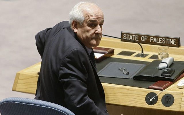 Palestinian ambassador to the United Nations Riyad Mansour speaks after the UN Security Council approved an anti-settlements resolution, December 23, 2016 (Frank Franklin II/AP)