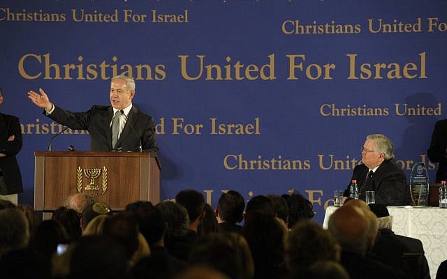 Prime Minister Benjamin Netanyahu speaks at the Evangelical Christian movement and a mission of approximately 800 members of Pastor John Hagee’s Christians United for Israel (CUFI) organization, in Jerusalem on March 18 2012. (Amos Ben Gershom/Flash90)