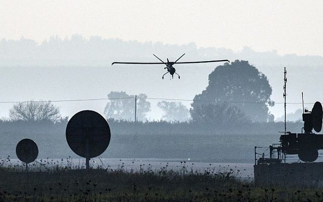 An IDF drone landing in an airfield on the Golan Heights, on January 20, 2015. (Jack Guez/AFP)