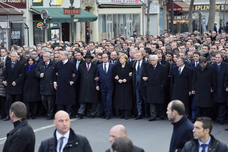 World leaders and local officials marching in Paris on January 11, 2015. (photo credit: AFP/ERIC FEFERBERG)