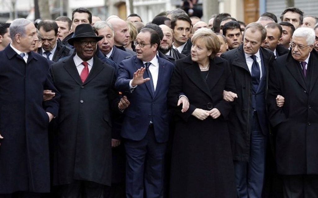 Prime Minister Benjamin Netanyahu, Malian President Ibrahim Boubacar Keita, French President Francois Hollande, German Chancellor Angela Merkel, European Union President Donald Tusk and Palestinian Authority President Mahmoud Abbas take part in a unity rally 'Marche Republicaine' in Paris on January 11, 2015 in tribute to the 17 victims of a three-day killing spree by homegrown Islamists. (Photo credit: AFP/ POOL / PHILIPPE WOJAZER)