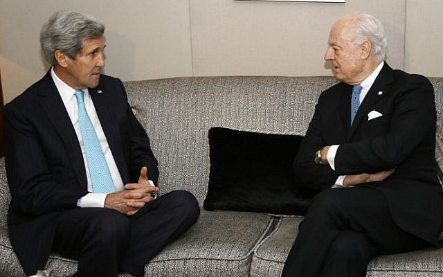 US Secretary of State John Kerry (L) meets on January 14, 2015 with UN special envoy to Syria Staffan de Mistura in Geneva ahead of the latter's upcoming trip to Damascus. photo credit: (AFP/ POOL/RICK WILKING)