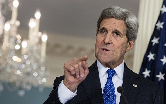 US Secretary of State John Kerry speaks to the press at the US Department of State on January 21, 2015 in Washington, DC. (photo credit: AFP PHOTO/BRENDAN SMIALOWSKI)