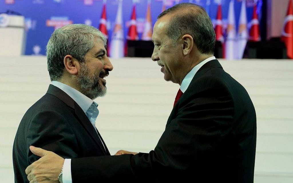 Turkey's Prime Minister Recep Tayyip Erdogan, right, and Palestinian Hamas leader Khaled Mashaal seen during the congress of Turkey's ruling Justice and Development Party in Ankara, Turkey, Sunday, Sept. 30, 2012 (AP/Kayhan Ozer)