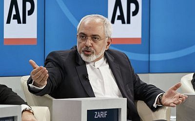 Iranian Foreign Minister Mohammad Javad Zarif, gestures as he speaks during a panel discussion "The Geopolitical Outlook" at the World Economic Forum, Friday, Jan. 23, 2015. (photo credit: AP Photo/Michel Euler)