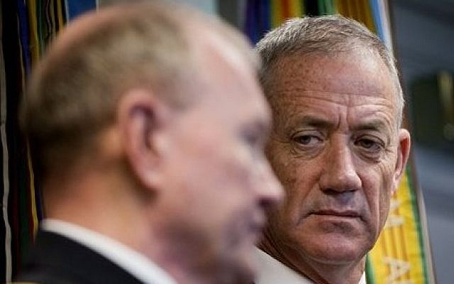 Israeli Chief of Staff Benny Gantz (right) listens as US Joint Chiefs of Staff Gen. Martin E. Dempsey answers a question during their joint news conference at the Pentagon, January 8, 2015. (photo credit: AP/Pablo Martinez Monsivais)