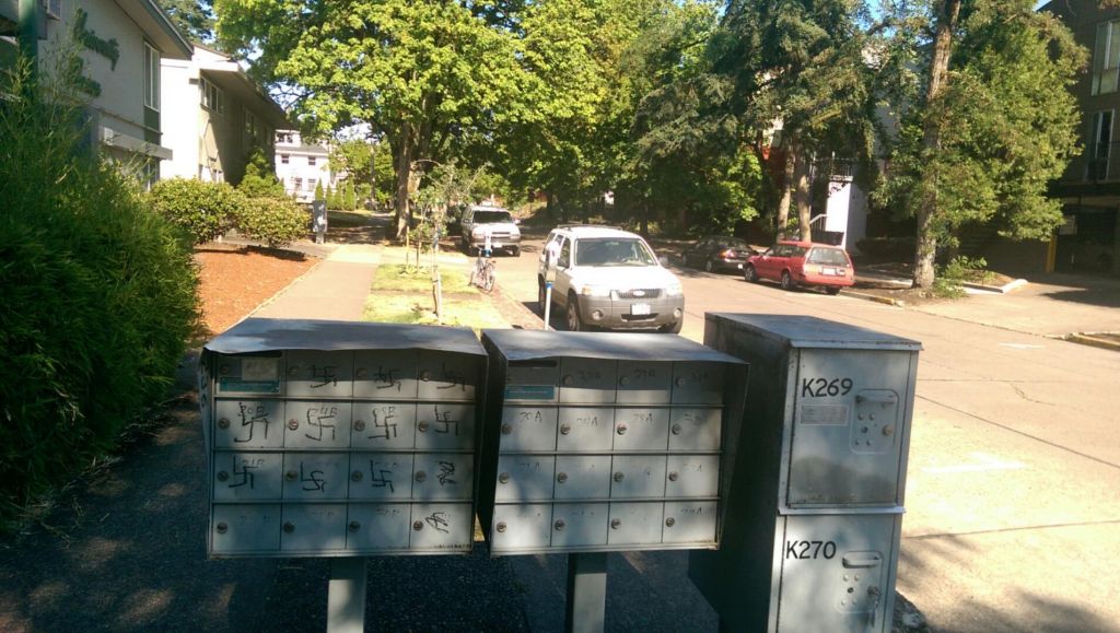 Mailboxes outside the AEPi house at the University of Oregon in Eugene were defaced with swastikas in July 2014 (photo courtesy: AEPi)