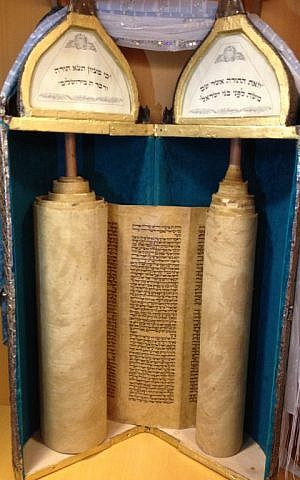 The Foreign Ministry's 200-year-old Torah scroll (photo credit: Raphael Ahren/TOI staff)
