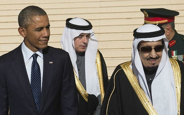 File: US President Barack Obama (left) stands alongside Saudi King Salman (right) at King Khalid International Airport in Riyadh, Saudi Arabia, on January 27, 2015. (AFP/Saul Loeb)