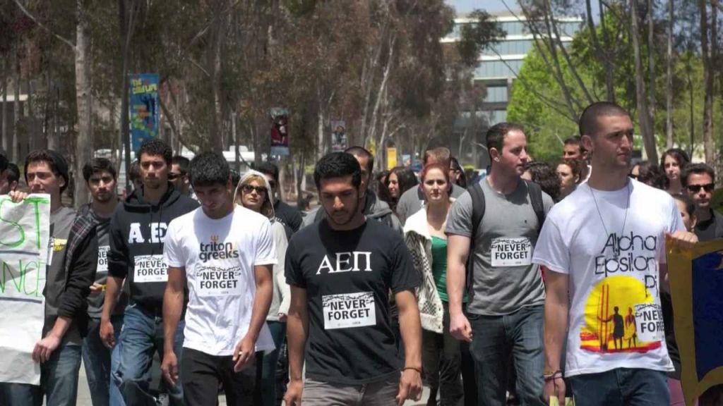 The Jewish fraternity AEPi is known for publicly supporting Israel, and also for its public Holocaust commemorations each year. In spring 2012, the AEPi chapter at the University of California San Diego organized the Walk to Remember, shown here (courtesy) 