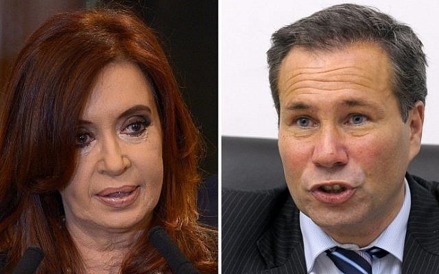 File photos of Argentine President Cristina Fernandez de Kirchner (left), Buenos Aires, September 19, 2012, and of Argentina's deceased public prosecutor Alberto Nisman (right), Buenos Aires, May 20, 2009 (photo credit: Juan Mabromata/AFP)