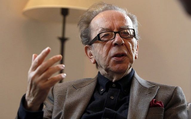 Albanian novelist Ismail Kadare gestures during an interview with AFP on February 8, 2015 in Jerusalem. (photo credit: AFP/ Gali Tibbon)