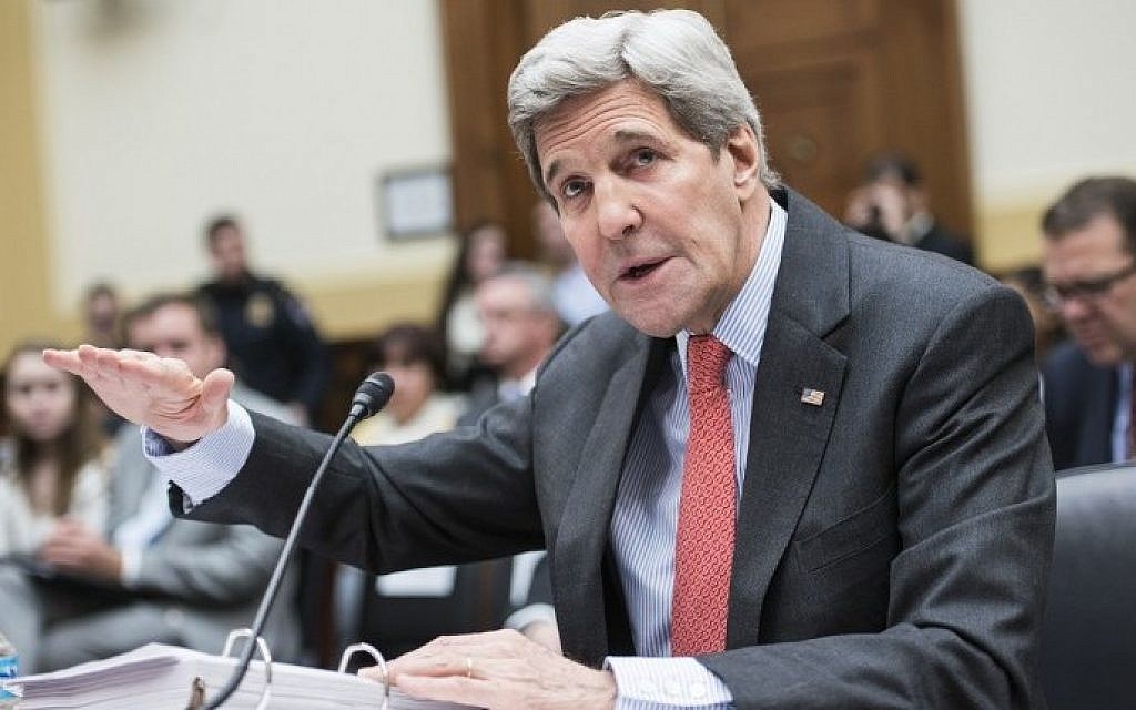 US Secretary of State John Kerry speaks during a hearing of the House Foreign Affairs Committee on Capitol Hill February 25, 2015 in Washington, DC. (photo credit: AFP/BRENDAN SMIALOWSKI)