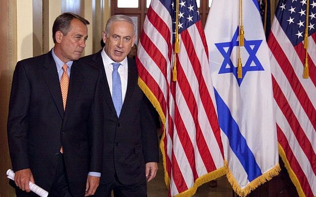 Prime Minister Benjamin Netanyahu walks with House Speaker John Boehner of Ohio on Capitol Hill in Washington, May 24, 2011 (photo credit: AP/Evan Vucci, File)