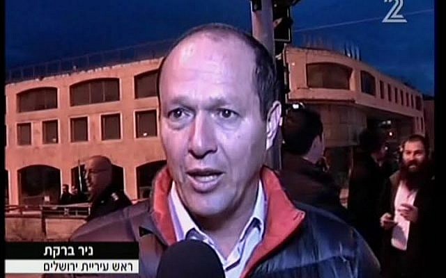 Jerusalem Mayor Nir Barkat on February 22, 2015. (screen capture: Channel 2)
