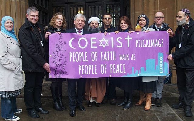 Participants in London's Coexist Pilgrimage on February 19, 2015. From left to right: Julie Siddiqi, John Witcombe, Margaret Cave, John Bercow MP, Ibrahim Mogra, Krish Raval, Shoshana Boyd Gelfand, Remona Aly, Michael Wakelin and Jonathan Wittenberg (credit Richard Verber/World Jewish Relief)