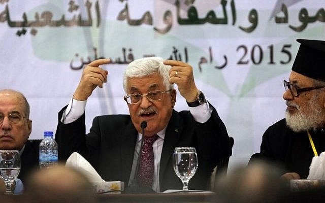 PA President Mahmoud Abbas addresses the Palestinian leadership at the opening of a two-day conference in the West Bank city of Ramallah to discuss the future of the Palestinian Authority, on March 4, 2015. (Photo credit: AFP/ABBAS MOMANI)