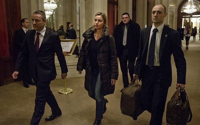 European Union High Representative Federica Mogherini, center, arrives at the Beau Rivage Palace Hotel March 28, 2015 in Lausanne, Switzerland, during Iran nuclear talks. (photo credit: AFP/POOL/BRENDAN SMIALOWSKI)