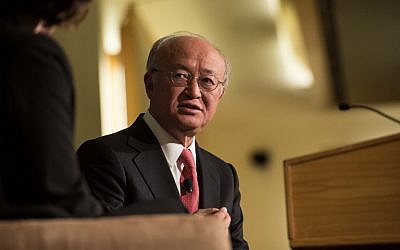 Yukiya Amano, Director General of the International Atomic Energy Agency (IAEA), speaks at the Carnegie International Nuclear Policy Conference in Washington, DC, on March 23, 2015. (photo credit: AFP PHOTO/NICHOLAS KAMM)