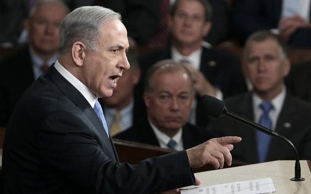 Prime Minister Benjamin Netanyahu addresses a joint meeting of the United States Congress in the House chamber at the US Capitol in Washington, DC on Tuesday, March 3, 2015, in a speech warning against the then-looming US-backed deal with Iran. (Win McNamee/Getty Images/AFP)
