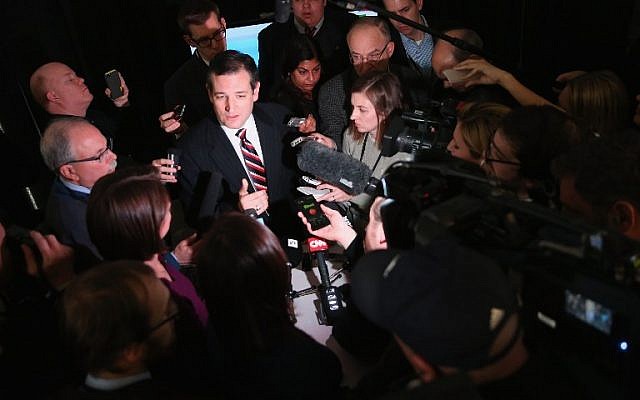 Senator Ted Cruz, one of the signatories of the letter to Iran, fielding questions from reporters at the Iowa Ag Summit on March 7, 2015 in Des Moines, Iowa. (photo credit: Scott Olson/Getty Images/AFP)