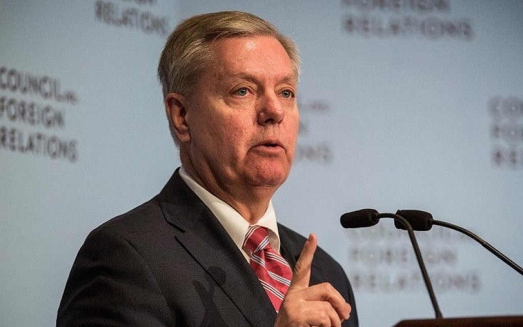 US Senator Lindsey Graham (R-SC) speaks at the Council On Foreign Relations on March 23, 2015 in New York City (photo credit: Andrew Burton/Getty Images/AFP)