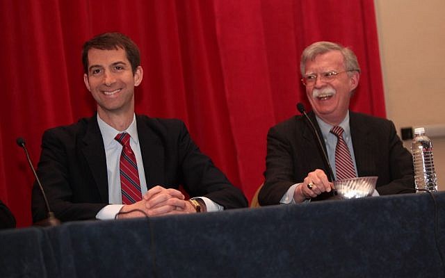 Senator Tom Cotton, left, with John Bolton at a conservative conference in Maryland in February 2015. (photo credit: CC BY-SA Gage Skidmore, Flickr)