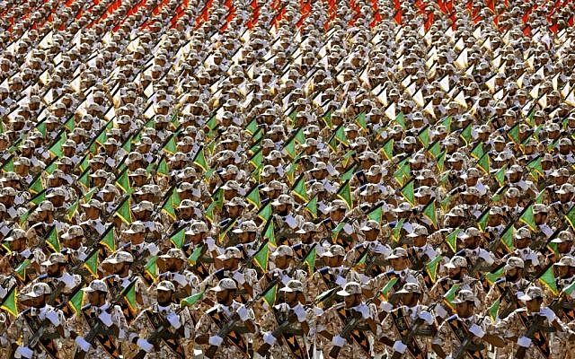 Members of Iran's Revolutionary Guard Corps are seen at an annual military parade in front of the mausoleum of the late Ayatollah Khomeini just outside Tehran on September 22, 2014. (AP/Ebrahim Noroozi/File)