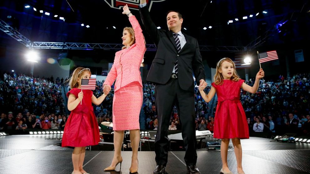 Sen. Ted Cruz, R-Texas, his wife Heidi, and their two daughters Catherine, 4, left, and Caroline, 6, right, wave on stage after he announced his campaign for president, Monday, March 23, 2015 at Liberty University, in Lynchburg, Va. (photo credit: AP/Andrew Harnik)