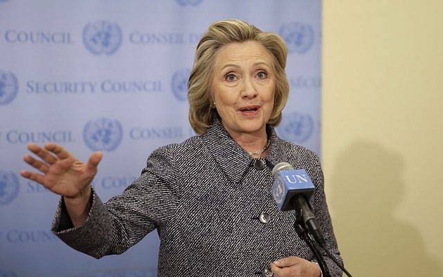 Hillary Clinton speaks to reporters at United Nations headquarters, March 10, 2015. (photo credit: AP/Seth Wenig)