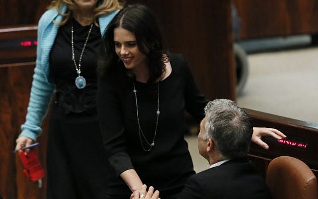 Knesset members Yair Lapid and Ayelet Shaked in the plenum, March 11, 2014 (photo credit: Miriam Alster/FLASH90)